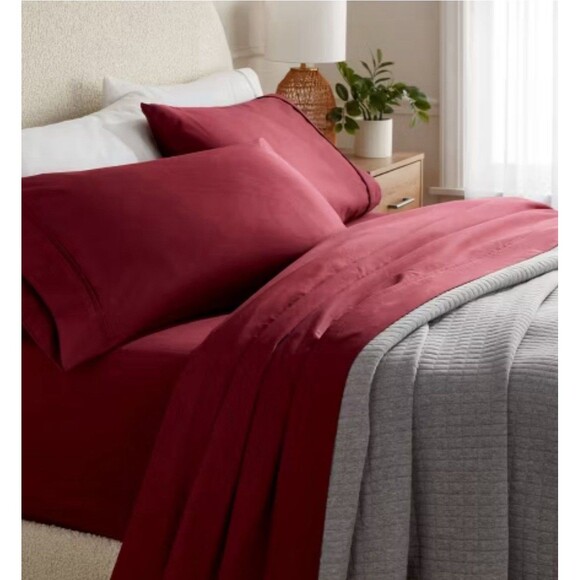 Twin/XL Solid Performance 400 Thread Count Sheet Set Wine Red - Threshold - Picture 2 of 5